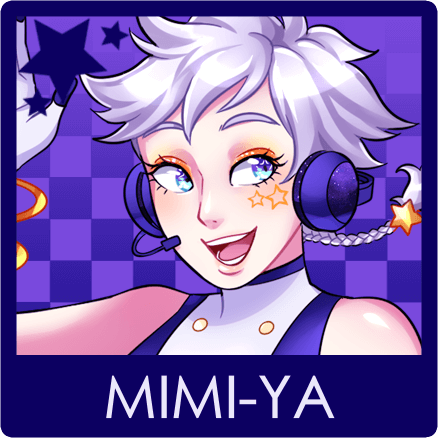 Illustration of an original character with their arm above their head and excited smile over a dark purple background.